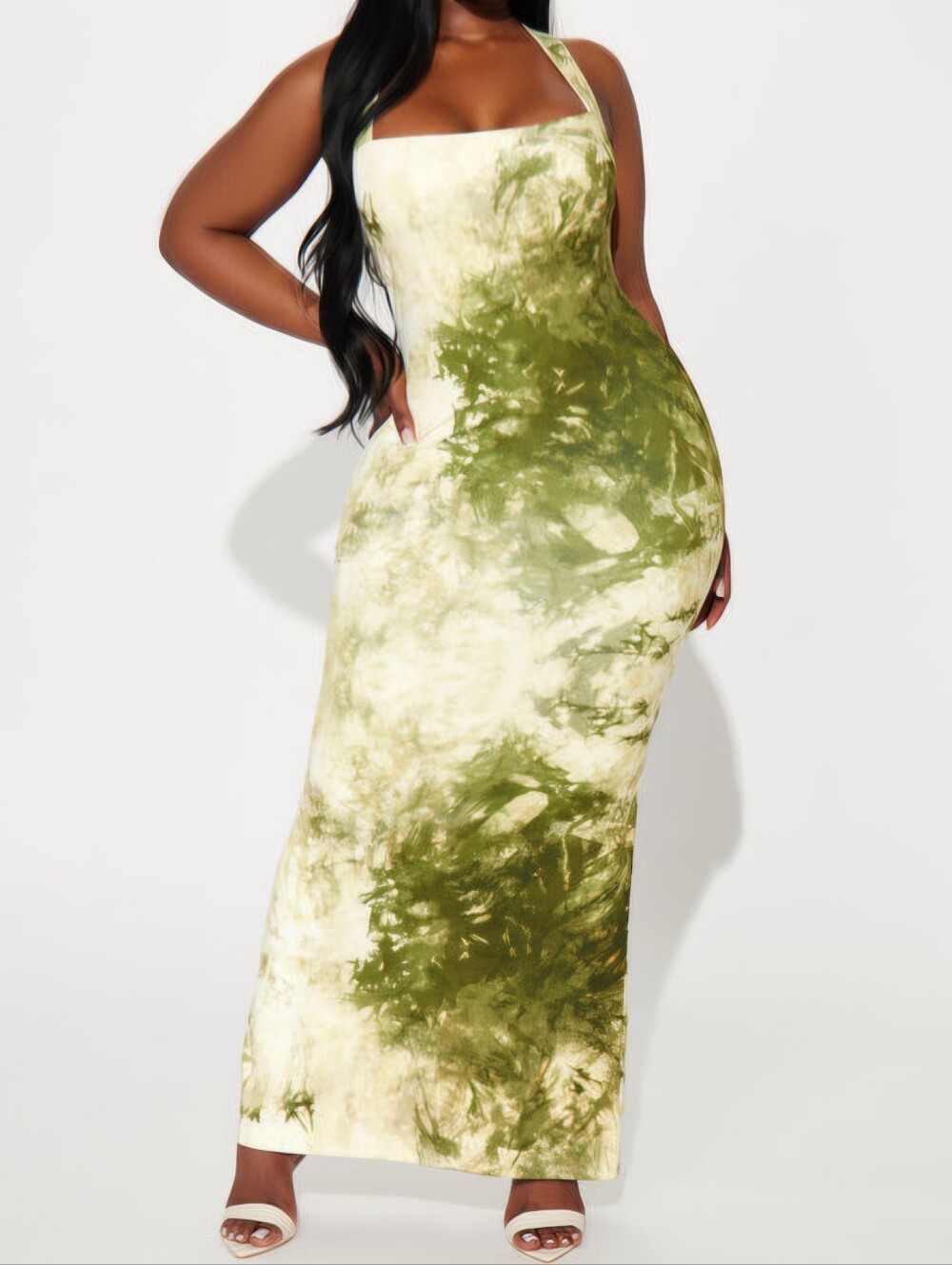 Green Tie-Dye Square Neck Maxi Dress